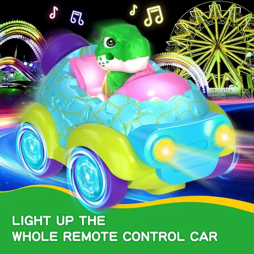 Miniatura 4 de Auto a control remoto para niños pequeños, juguetes de dinosaurio para edades de 2 a 4 años con luces y música, auto RC recargable, regalos