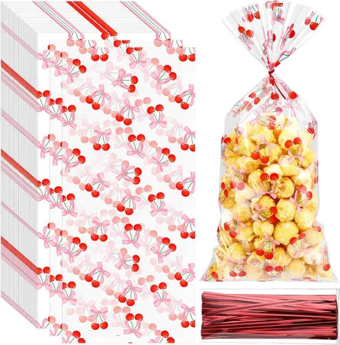 Yexiya 100 bolsas transparentes de celofán cereza, bolsas de regalo de dulces con lazos rosados con cinta coqueta, bolsas de plástico impresas para