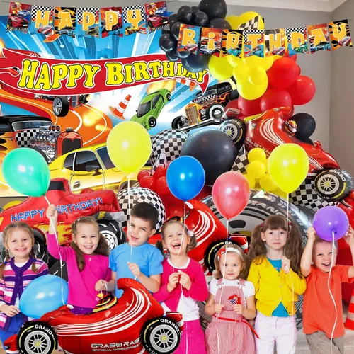 Miniatura 4 de Hot Race Cars - Kit de decoración de fiesta de cumpleaños con ruedas, incluye telón de fondo, bandera, arco de guirnalda de globos, mantel