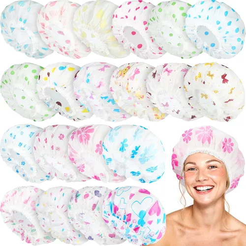 20 gorros de ducha de plástico reutilizables para mujeres, gorros de ducha impermeables a granel con banda elástica de colores surtidos para el