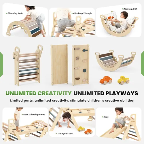 Miniatura 3 de BlueWood Pikler - Juego de triángulos con cojín, juguetes de escalada para niños pequeños 9 en 1, juego de filosofía Montessori, gimnasio