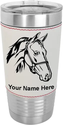 LaserGram - Taza de 20 oz con aislamiento al vacío, con cabeza de caballo 2, grabado personalizado incluido (piel sintética, estilo béisbol)