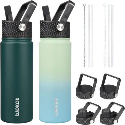 Miniatura 20 de BJPKPK Paquete de 2 botellas de agua aisladas con tapas con pajita, botella de agua de metal de acero inoxidable de 18oz con 6 tapas, jarras a