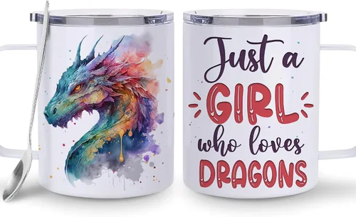 Hyturtle Taza de Dragón - Taza de Café de Acero Inoxidable de 12oz, Regalo para Amantes de los Dragones para Mujeres, Regalo Bonito para Amantes de