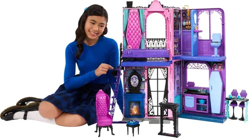 Monster High Boo-tique Hotel Casa de Muñecas, juego plegable con sorpresas espeluznantes en cada habitación y más de 13 piezas, incluyendo muebles y