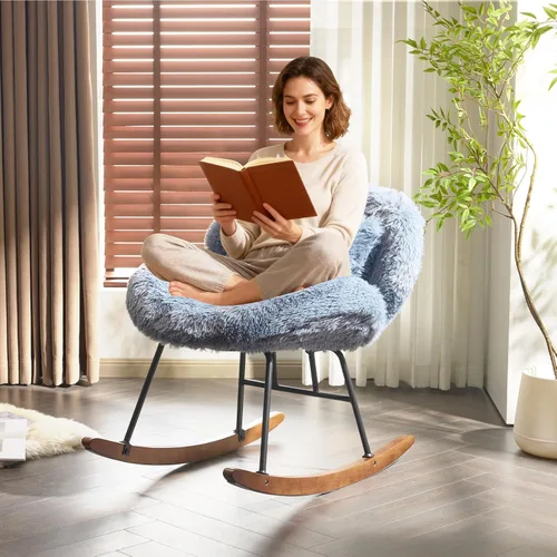 Miniatura 12 de VINGLI Silla mecedora de guardería extra ancha de 25.6" de 115° sin brazos, silla deslizante curvada linda con patas en X con almohada y madera