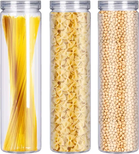 Miniatura 3 de Juego de 3 tarros de plástico transparente para almacenamiento de alimentos con tapa, recipiente redondo transparente delgado para espaguetis, pasta