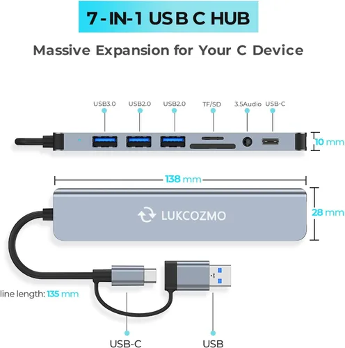 Miniatura 4 de LUKCOZMO Hub USB Hub USB C Divisor USB 7 en 1 Extensor USB con 4 puertos USB, 1 puerto USBC, lector de tarjetas TF/SD, salida de audio compatible
