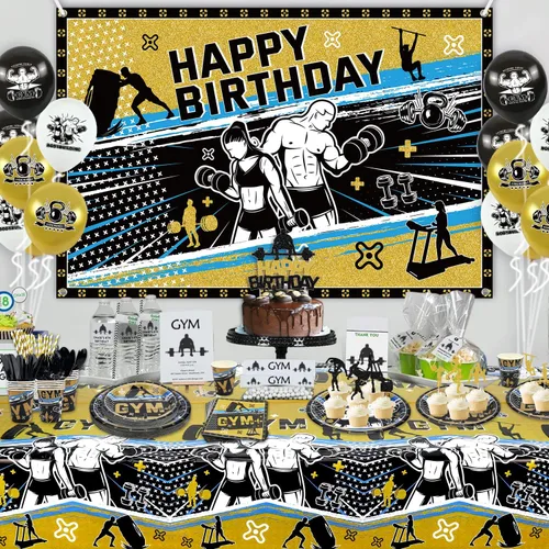 Miniatura 7 de KEFAN Decoraciones de fiesta de gimnasio, paquetes de suministros para fiesta de cumpleaños, levantamiento de pesas, deportes, suministros de fiesta