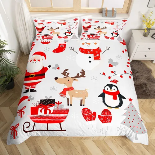 Miniatura 30 de Juego de ropa de cama de 3 piezas con diseño de muñeco de nieve, funda de edredón con temática de invierno, funda de edredón con temática de Feliz