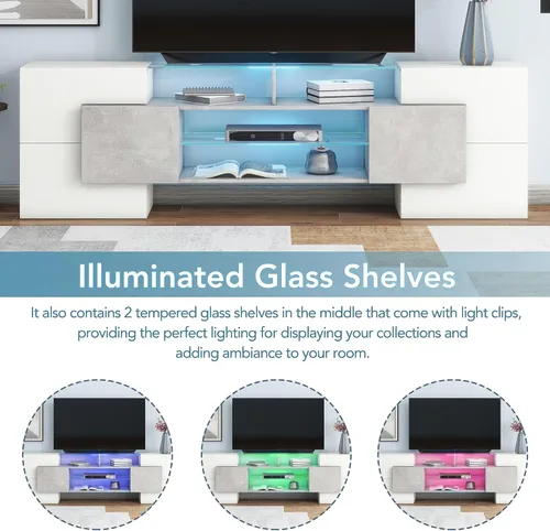 Miniatura 6 de Merax Soporte de TV LED con 2 estantes de vidrio iluminados y luces que cambian de color, centro de entretenimiento de alto brillo para televisores