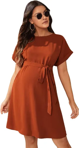 Verdusa Vestido corto tipo túnica de maternidad con cuello redondo y cinturón para mujer