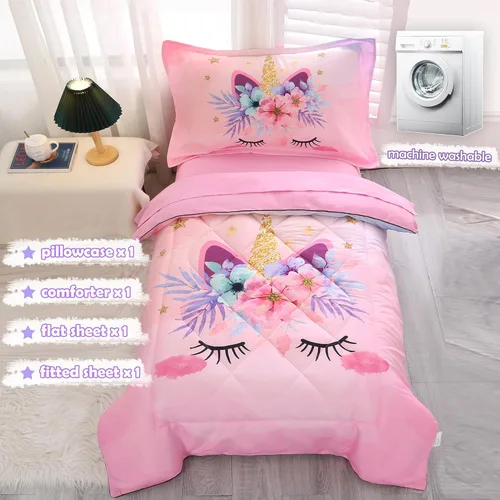 Miniatura 4 de KINBEDY Juego de ropa de cama para niños pequeños, 4 piezas, juego de ropa de cama de unicornio rosa para niñas, suave y lindo diseño floral, juego