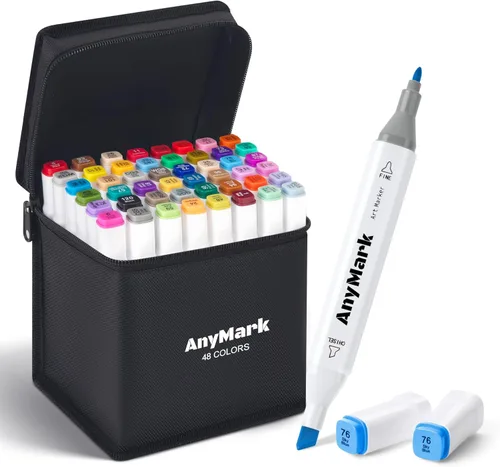 AnyMark Marcadores de alcohol, juego de 48 colores de doble punta para adultos, dibujo de libros, bocetos, pintura, cincel y fino, portalápices