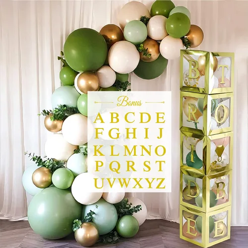 Miniatura 10 de 101 piezas de decoración de despedida de soltera de vegetación, cajas de globos doradas, bloques con BRIDE TO BE + GROOM + letras A - Z y 40 globos