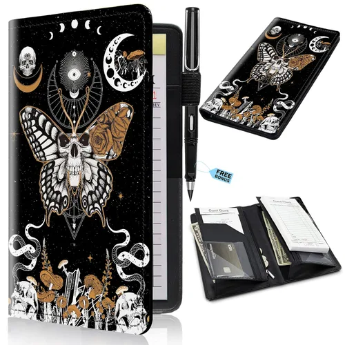 Miniatura 52 de Libros de servidor para camareras con bolsillo con cremallera – Libro de camarera gótico pastel con calavera de bruja, organizador de dinero