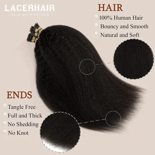 Miniatura 3 de Lacer Extensiones de cabello humano con punta en I, extensiones de cabello humano rizado lacio color negro natural, 1B de 12 pulgadas, extensiones