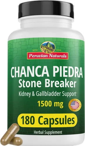 Peruvian Naturals Chanca Piedra Stone Breaker 180 Cápsulas – Disolvente de Cálculos Renales y de Vesícula Biliar – 1500mg por Porción – Chancapiedra