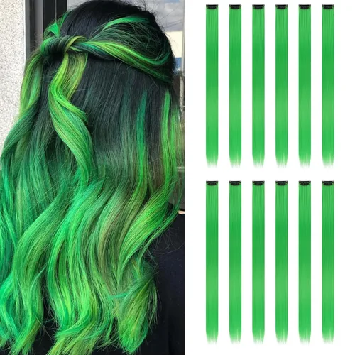 Miniatura 6 de Paquete de 12 extensiones de cabello de colores arcoíris, mechones para fiestas, 22 pulgadas, extensiones de cabello coloridas con clip, mechones