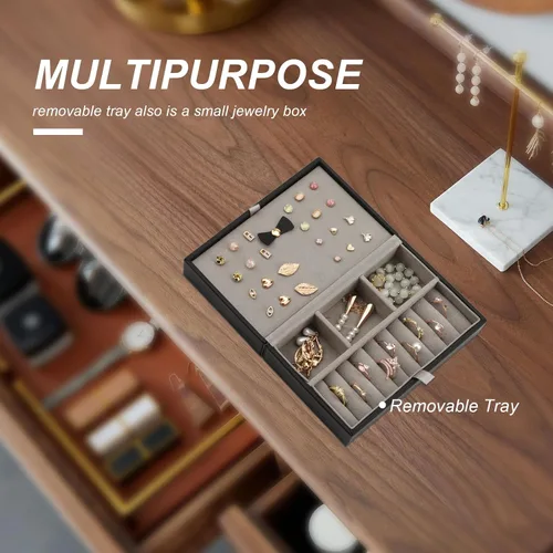 Miniatura 9 de V-LAFUY Joyero para mujer, organizador de joyas de viaje con bandeja de joyería para anillos, aretes, collares, pulseras y relojes, color negro