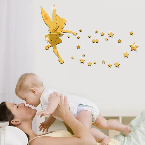 Miniatura 4 de MEYA 26 unids/set Tinkerbell Fairy espejo de pared acrílico espejo decorativo Tinker Bell pegatinas de pared decoración del hogar (dorado)