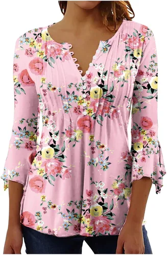 Miniatura 43 de Ceboyel Blusa tipo túnica con estampado floral para mujer, con botones, estilo Henley, con manga de codo, casual, trajes de moda para mujer