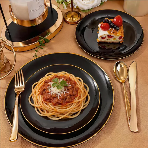 Miniatura 11 de YOUBET 125 piezas de platos de plástico negros y dorados - Platos desechables negros con borde dorado - Incluye 25 platos de cena, 25 platos