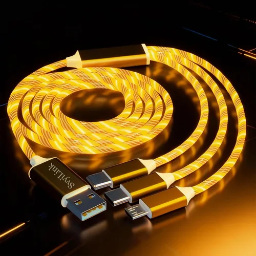 Miniatura 19 de Cable USB PD cargador rápido iluminado (USB 3 en 1 azul), cable de datos de teléfono, cable de carga de luz fluida, 39 pulgadas, material TPE