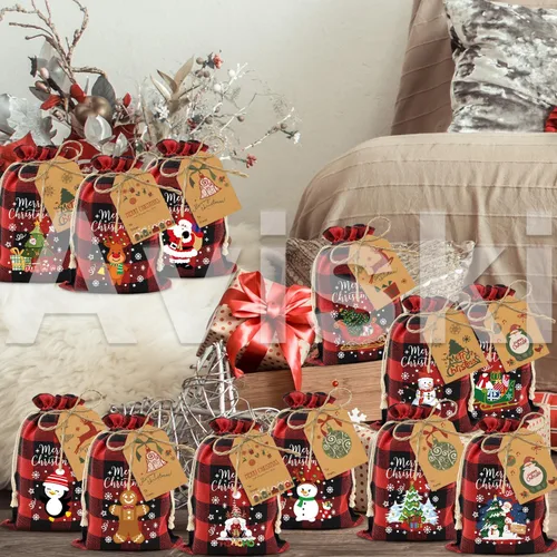 Miniatura 6 de 72 bolsas de regalo navideñas medianas de algodón con cordón de cuadros búfalo, bolsas de dulces navideños de algodón, bolsas pequeñas de tela Medio