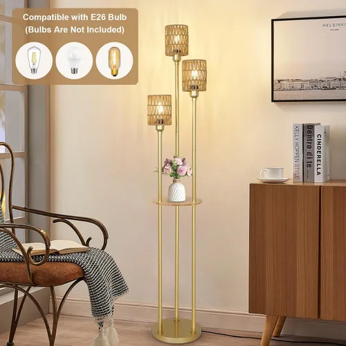 Miniatura 6 de Lámpara de pie bohemia con estantes, lámpara de pie alta de granja de 3 luces con interruptor de pie de encendido/apagado, lámparas de pie modernas