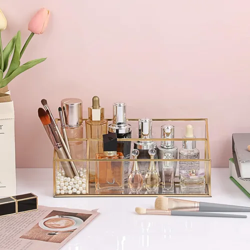 Miniatura 4 de Hipiwe Organizador de maquillaje para encimera, vitrina de cosméticos de vidrio dorado, soporte de almacenamiento de tocador de 3 ranuras