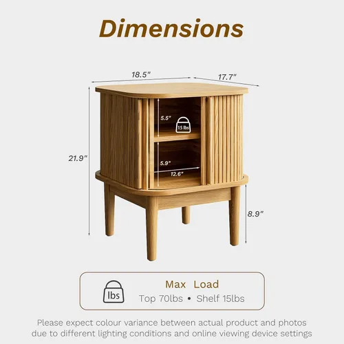 Miniatura 2 de Juego de 2 mesitas de noche estriadas con puertas correderas, moderna mesita de noche con patas de madera maciza, mesita de noche de madera