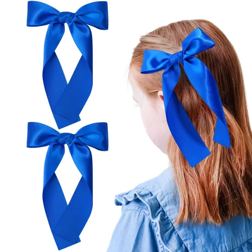2 piezas de lazos largos de cinta para niñas, clip de pelo de seda, lazo de cinta para el pelo, accesorios para el cabello para bebés, niños Azul