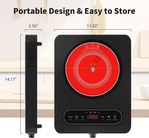Miniatura 8 de VBGK Cocina eléctrica de un solo quemador, 110 V 1800 W con controles táctiles LED y controles de perilla, 10 niveles de potencia, temporizador de 4