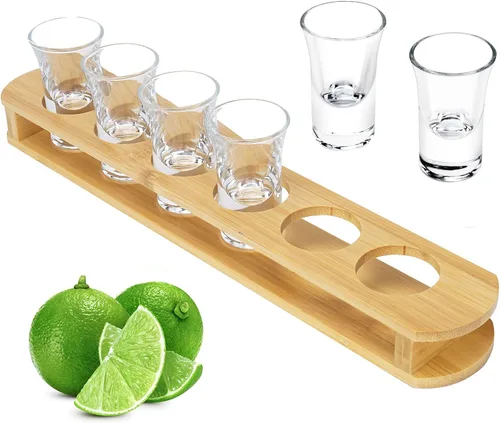 D&Z Vasos de chupito de 1 oz con soporte, juego de vasos de chupito en bandeja de madera de bambú, 6 vasos de chupito de base pesada para whisky,
