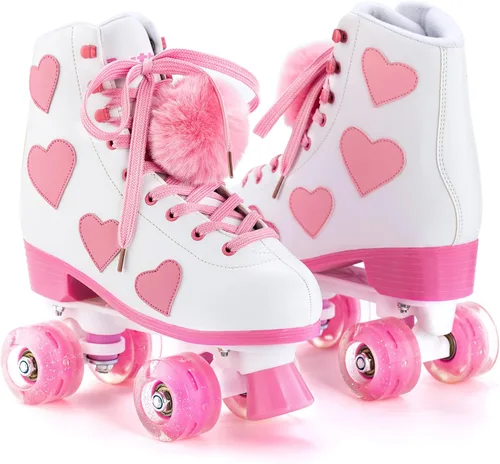 Miniatura 3 de Ruthfot Patines clásicos para mujeres y niñas con ruedas iluminadas y patrón de corazón de amor, patines de cuero PU de caña alta.. Blanco