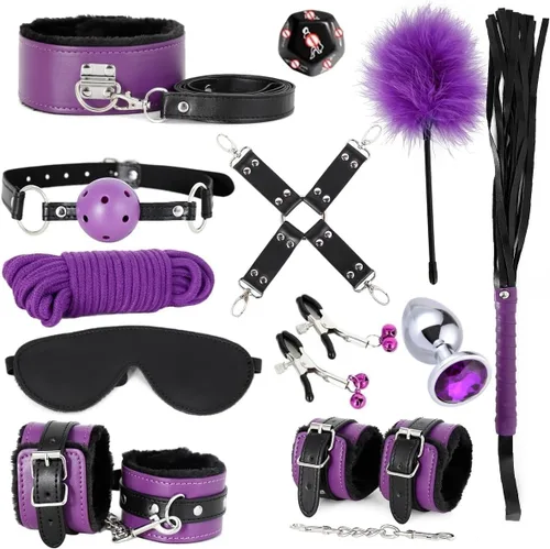 BDSM - Kits de restricción de bondage, 12 piezas, juguetes sexuales, esposas, collar de tobillo, puños, venda para los ojos, pluma estimuladora,