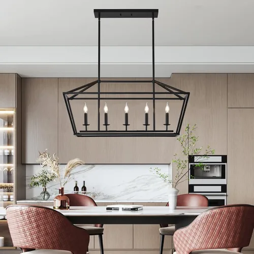 XILICON Candelabro rectangular para isla de cocina, lámpara lineal de 5 luces, para comedor, casa de campo, color negro, moderno, industrial,