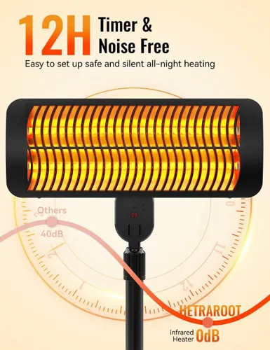 Miniatura 5 de Calentadores de exterior para patio, temporizador de 12 horas y 3 niveles de calor, calentador eléctrico impermeable IP54, infrarrojo de 1500 W
