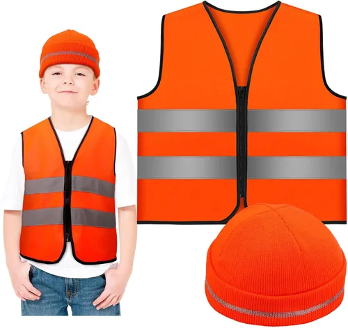 Miniatura 10 de Berlune Conjunto de 2 piezas de chaleco y gorro de caza para niños, ropa de caza reflectante, chalecos para senderismo nocturno al aire libre