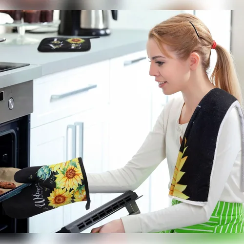 Miniatura 4 de Leinuosen 6 paños de cocina clásicos de girasol, juego de decoración y accesorios para la cocina, diseño floral de plantas, juego de guantes