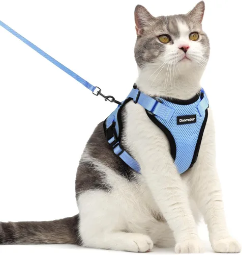 Miniatura 25 de Dooradar Juego de arnés y correa para gato, chaleco ajustable seguro a prueba de escapes, para caminar, chaqueta de malla suave y transpirable