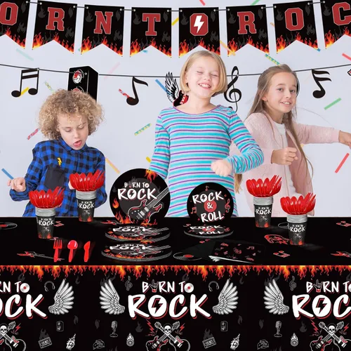 Miniatura 6 de Yaomiao 172 piezas de suministros de fiesta temática de rock Born to Rock, pancarta de notas musicales, guirnalda, juego de vajilla para fiesta