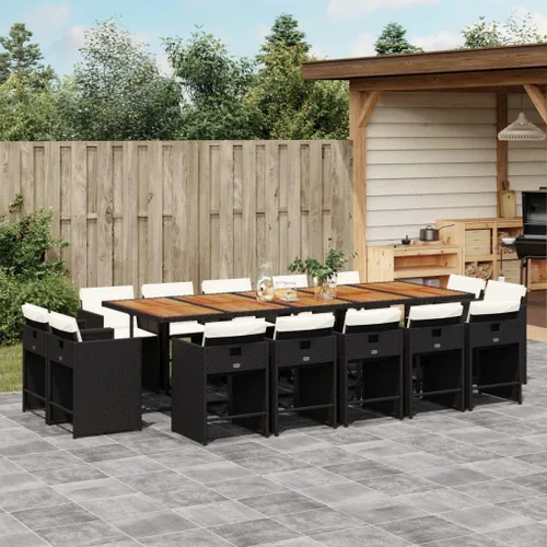 Miniatura 13 de 17-Piece Brown Poly Rattan Patio Dining Set with Cream White Cushions, Foldable Chairs and Tempered Glass Table for Outdoor Garden Backyard Patio