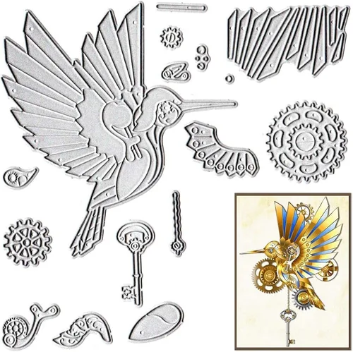 Estivaux Robot Gear Birds troquelados para hacer tarjetas, juegos de troqueles mecánicos de corte de pájaros, equipo floral, plantillas de reloj,
