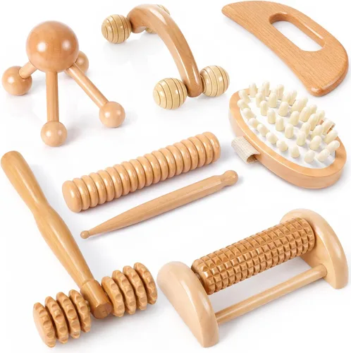 TrelaCo Juego de 8 herramientas de masaje de terapia de madera, kit de masajes de drenaje linfático, rodillos de masaje manuales para aliviar el