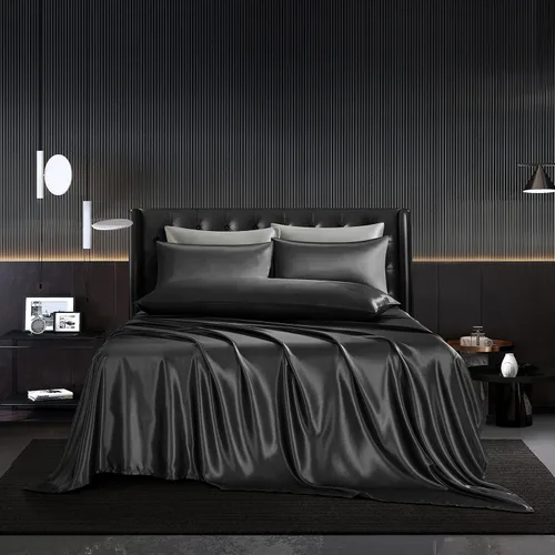 Juego de sábanas de satén de 4 piezas de color negro tamaño individual, juego de ropa de cama de satén sedoso negro con 1 sábana encimera de satén,