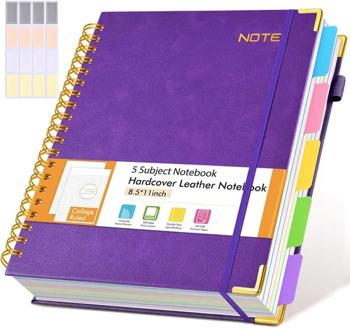 Miniatura 16 de Cuadernos en espiral de 8.5 x 11 pulgadas para trabajar con pestañas divisorias extraíbles, 300 páginas, cuaderno de 5 materias con rayas