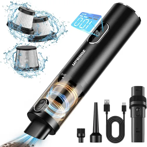 Upbooz Aspiradora de mano inalámbrica con 14000 PA potente succión con luz LED, plumero de aire 2 en 1, aspiradora portátil recargable de bajo ruido