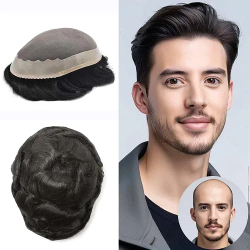 Miniatura 8 de Sistema de reemplazo de cabello Remy 100% humano con revestimiento de poliéster alrededor de unidades de cabello para hombre, postizo negro
